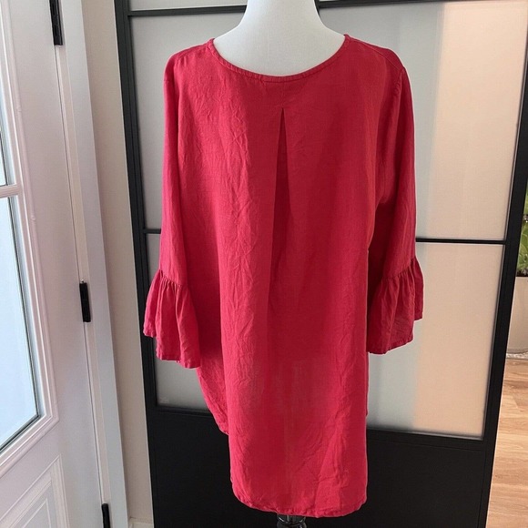 bryn Walker L Red 100% Linen Top Blouse Bell Sleeve Woven Lagenlook Minimalist - Picture 4 of 9